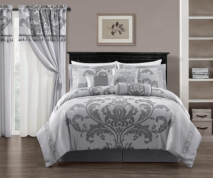 Chezmoi Collection 7-Piece Jacquard Floral Comforter Set (Queen, Silver/Gray)