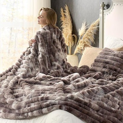 Cozy Bliss Faux Fur Throw Blanket for Couch, Cozy Warm Plush Striped Blanket for Sofa Bedroom Living Room, 90 * 90 Inches Tie-dye Grey