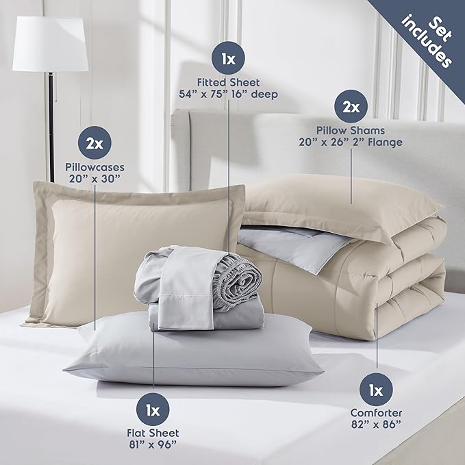 Nestl 7 Piece Full Comforter Set – Beige Reversible Bed in a Bag – Complete Full Size Bedding Set with Sheets, Pillowcases and Shams