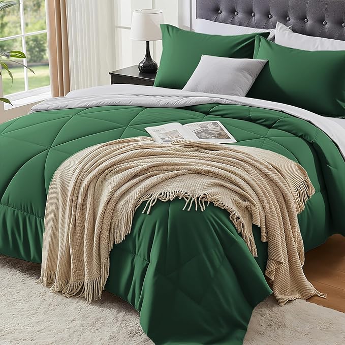 BEDELITE King Size Comforter Set 7 Pieces Bed in A Bag - Soft Microfiber Reversible Dark Green Bed Set with Comforters, Sheets, Pillowcases & Shams, Cozy Luxury Bedding Sets for All Season