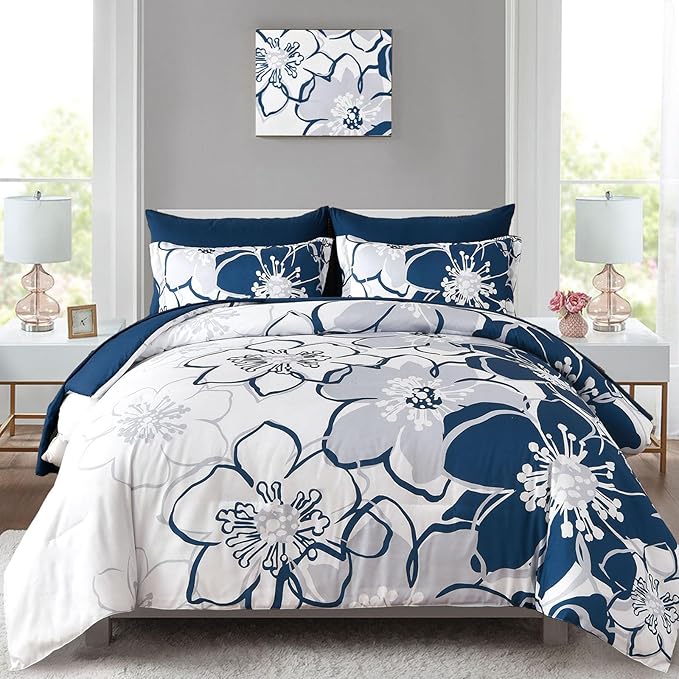 Anibedding Navy Floral Comforter Set Queen Size 7 Piece, Blue Flower Bed in a Bag, Elegant Botanical Floral Comforter Soft Microfiber Complete Bedding Set for All Season, (Navy Blue, 90"x90")