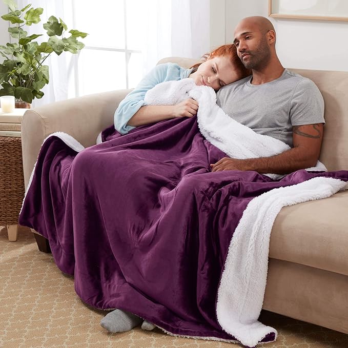 Genteele Sherpa Throw Blanket Super Soft Reversible Ultra Luxurious Plush Blanket, 60 x 70 inches, Rich Purple/White