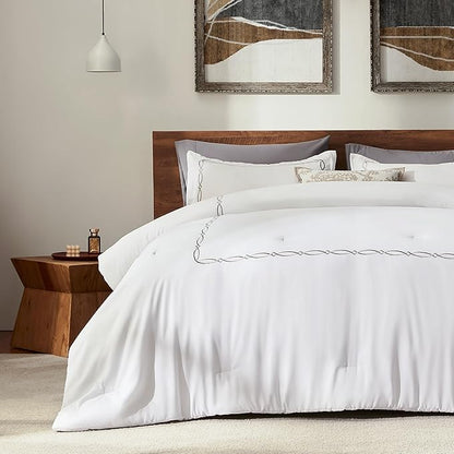 SLEEP ZONE Queen Comforter Set, Luxury Hotel Collection Comforter, 3 Pieces Fluffy Lightweight Down Alternative Duvet Insert with Embroidered Stripes (Geometric Diamonds, Full/Queen)