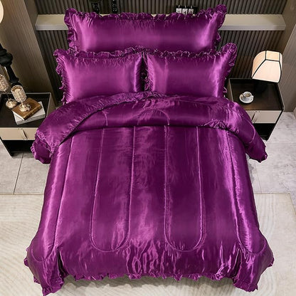 Purple Queen Comforter Silk Like Bedding 4 Pcs Hotel Soft Polyester Satin Bed Set Luxury Silky Body Pillow Cover Ruffle Home Decor