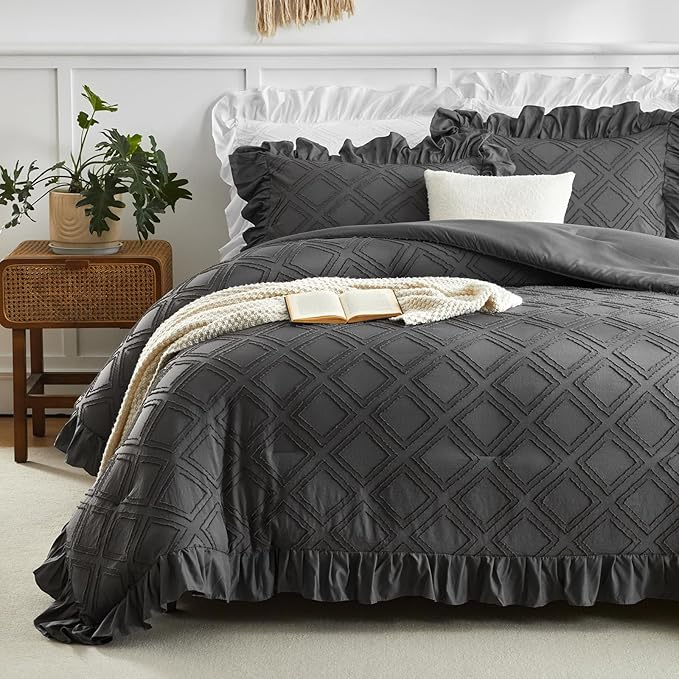 Tufted Grids Ruffle Comforter Set Full/Queen Size, 3 Pieces Dark Grey Vintage Farmhouse Shabby Chic Comforters, Jacquard Boho Bohemian Bedding Set for All Season (1 Ruffled Comforter+ 2 Pillow Shams)