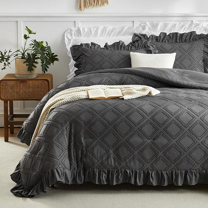 Flysheep Tufted Grids Ruffle Comforter Set Twin Size, 3 Pieces Dark Grey Vintage Farmhouse Shabby Chic Comforters, Jacquard Boho Bohemian Bedding Set for Kids (1 Ruffled Comforter+ 2 Pillow Shams)
