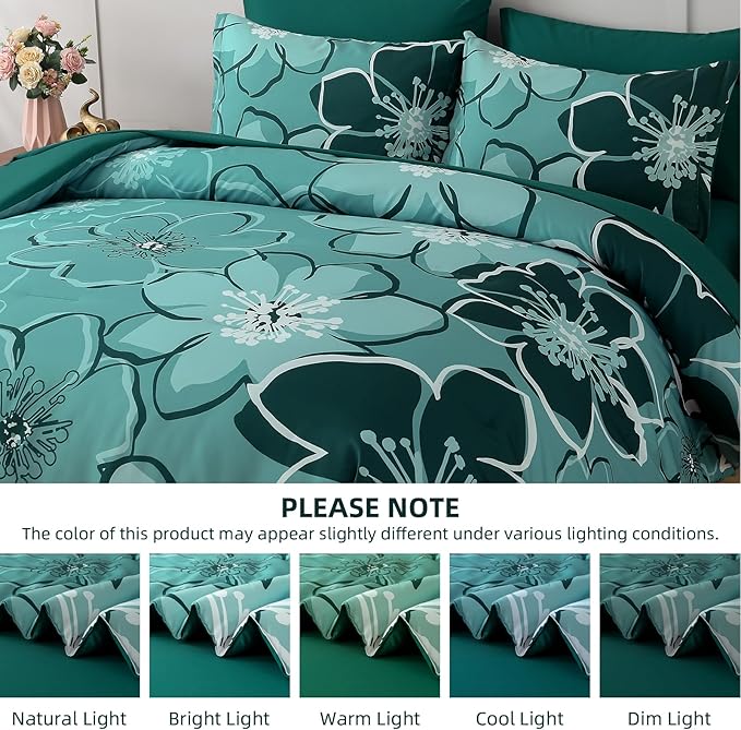 Anibedding 7Pieces Dark Green Floral Comforter Set Queen Size, Soft Microfiber Green Bed in a Bag Comforter Set with Sheets for All Season