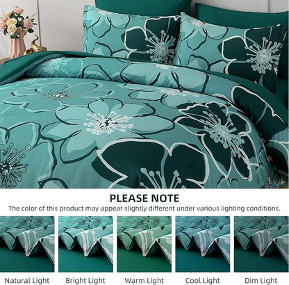 Anibedding 7Pieces Dark Green Floral Comforter Set King Size, Soft Microfiber Green Bed in a Bag Comforter Set with Sheets for All Season
