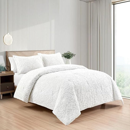 Sunshine Nicole Velvet Jacquard Comforter Set, Velvet Jacquard Face and Brushed Solid Microfiber Reverse, with Light Weight Soft Poly Fill, 3 Pieces White, King