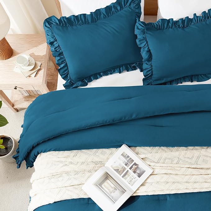 Andency Teal Ruffle Comforter Cal King(104x96Inch), 3 Pieces(1 Ruffled Comforter and 2 Pillowcases) Solid Farmhouse Shabby Chic Bed, Vintage Rustic Soft Microfiber Bedding Set