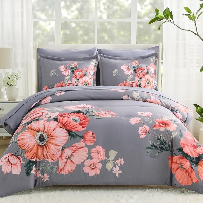 King Size Comforter Set - 7 Pieces Floral Comforter and Sheet Set, Dark Grey King Size Bed in a Bag, Soft Microfiber Flower Complete Bedding Set for All Seasons（Dark Grey,104"x90"）