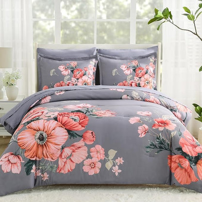 King Size Comforter Set - 7 Pieces Floral Comforter and Sheet Set, Dark Grey King Size Bed in a Bag, Soft Microfiber Flower Complete Bedding Set for All Seasons（Dark Grey,104"x90"）