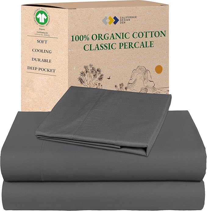 California Design Den Extra Long Twin Sheets Set - Soft 100% Organic Cotton, Crisp Percale, Twin XL Sheet Sets with Deep Pockets, Crisp, Breathable & Durable Bedding, Dorm Essentials for Guys - Grey