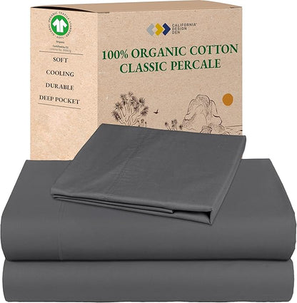 California Design Den Twin Sheets Set - Deep Pocket 100% Organic Cotton Sheets, Cool & Crisp Percale, Durable Bedding Set - Grey
