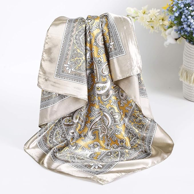 AWAYTR 35” Satin Large Square Head Scarves - 4PCS Silk Like Neck Scarf Hair Sleeping Wraps Satin Silk Scarfs for Women