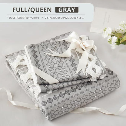 INK+IVY Imani 100% Cotton Duvet Mid Century Modern Design, All Season Comforter Cover Bedding Set, Matching Shams, Full/Queen, Gray Chenille Tufted Accent 3 Piece