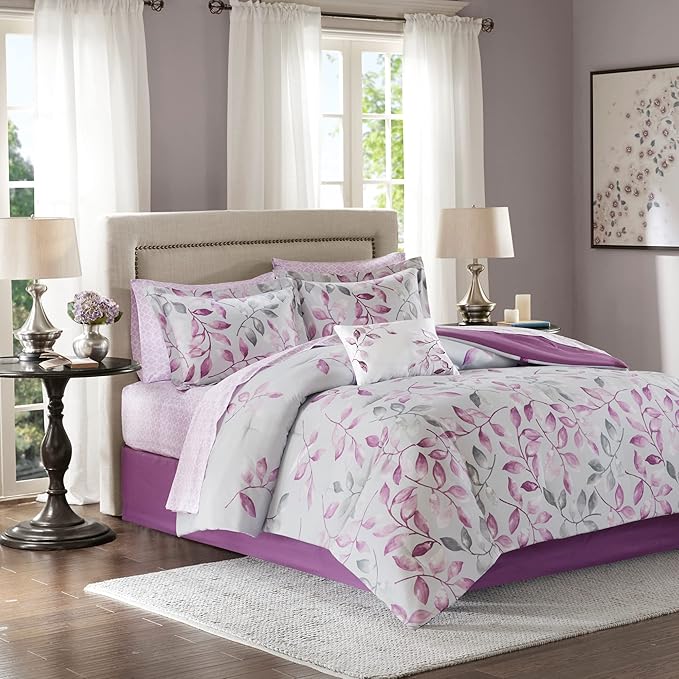 Madison Park Essentials Cozy Bed In A Bag Comforter with Complete Cotton Sheet Set - Trendy Floral Design All Season Cover, Decorative Pillow, Twin(68"x86"), Leaf Purple 9 Piece