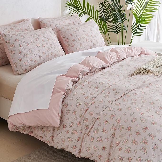 Floral Queen Comforter Set 3 Pieces Soft Cute Floral Bedding Comforter Lightweight Garden Style Queen Floral Botanical Comforter Set for All Seasons 1 Comforter and 2 Pillowcases