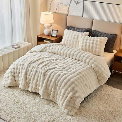 Queen Faux Rabbit Fur Comforter Set - 3 Pieces Fluffy Bedding Set Ultra Soft Warm Shaggy Winter Flannel Bed Set, Luxury Skin Friendly Sherpa Comforter Set & Pillow for Thanksgiving Beige Cream White