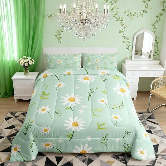 Manfei Cute Flower Comforter Set Queen Size, Botanical Theme Floral Print Bedding Set 3pcs for Kids Girls Room Decor, Watercolor Daisy Quilt Set Soft Polyester Duvet Set with 2 Pillowcases
