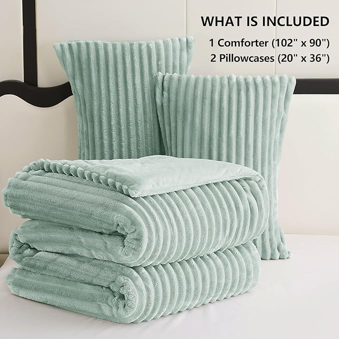 CozyLux Fluffy King Size Comforter Set - Super Soft Faux Fur Sage Green Comforter King Size, Winter Warm Fleece Bedding Set, 3 Pieces Plush Fuzzy Bed Set (1 Shaggy Comforter, 2 Pillowcases)