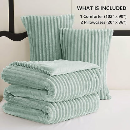 CozyLux Fluffy King Size Comforter Set - Super Soft Faux Fur Sage Green Comforter King Size, Winter Warm Fleece Bedding Set, 3 Pieces Plush Fuzzy Bed Set (1 Shaggy Comforter, 2 Pillowcases)