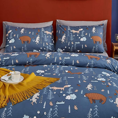 CLOTHKNOW Kids Comforter Sets Twin Navy Blue Animal Woodland Bedding Comforter Sets Cartoon Forest Fox Rabbit Comforter with 2 x Pillow Cases