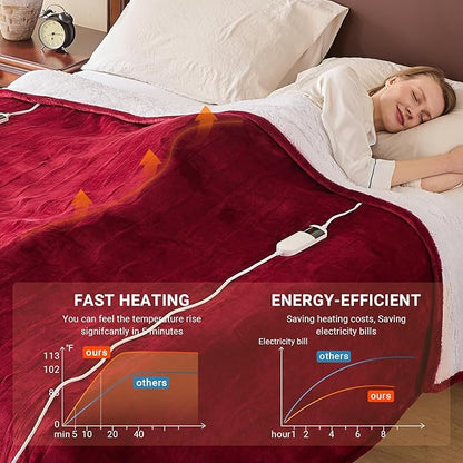 Electric Heated Blanket King Size 90''x100'' Soft Flannel & Sherpa Electric Blanket with 10 Heating Levels, Automatically Shut Down After 8h with Overheat Protection Machine Washable