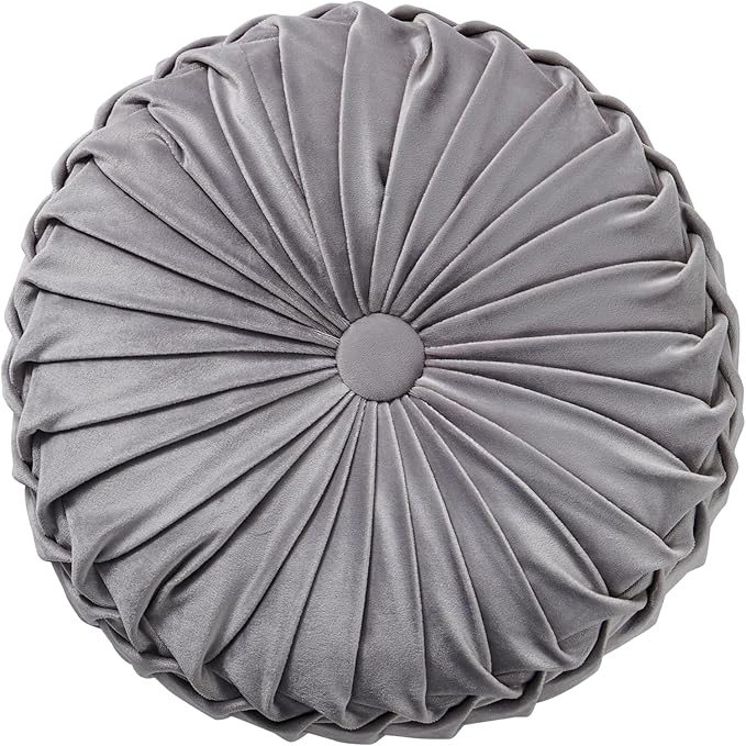 Round Throw Pillow Velvet Home Decoration Soft Pleated Pumpkin Round Floor Cushion for Couch Chair Bed Car Decorative (Gray14inch)