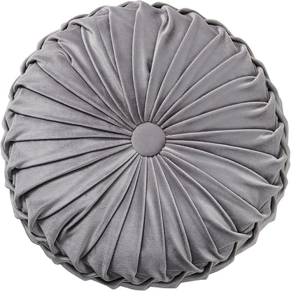 Round Throw Pillow Velvet Home Decoration Soft Pleated Pumpkin Round Floor Cushion for Couch Chair Bed Car Decorative (Gray14inch)