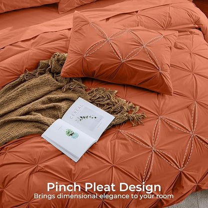 Sasttie Twin Comforter Set, 5-Piece Bed in a Bag, Pintuck Bedding Sets for All Season, Includes Comforter, Flat Sheet, Fitted Sheet, Pillowcase and Pillowsham, Burnt Orange