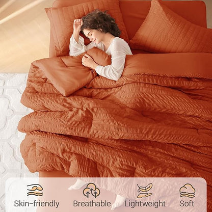 MUXHOMO 7 Pieces King Comforter Set, Seersucker Bed in a Bag King Size, All Season Luxury Bedding Set with Comforter, Flat Sheet, Fitted Sheet, Pillowcases & Shams, Burnt Orange