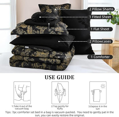 DJY Black Comforter Set Queen, 7 Pieces Black and Gold Botanical Comforters Bed in a Bag Queen Size Elegant Plants Print Bedding with Comforter, Flat Sheet, Fitted Sheet, Pillow Shams Pillowcases
