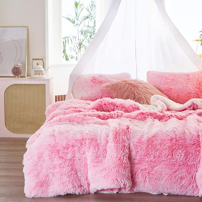 Joyreap 3-Piece Plush Shaggy Comforter Set, Full/Queen Size Luxury Faux Fur Sherpa Reversible Bedding Comforter Set, Ultra Cozy Warm Fluffy Bedding Set for Winter (Pink n White, 88x88 inches)