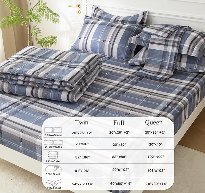 SDY 7PCS Full Gingham Comforter and Sheet Set，Plaid Bedding Set with 1*Comforter,1* Flat Sheet, 1*Fitted Sheet,2*Pillowcases and 2*PillowcaseShams，Navy Blue Microfiber Bedding Sheet Sets
