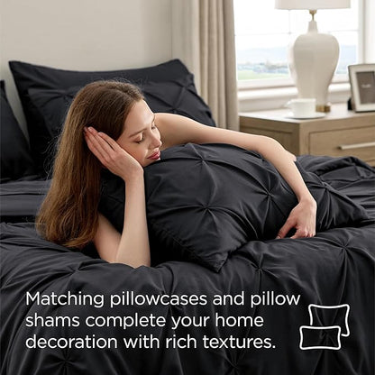 Bedsure Oversized Queen Comforter Set Black - Bed in a Bag Bedding Set 7 Pieces, GentleSoft™ Pintuck Bed Set Gift for Family, Pinch Pleat All Season Comforter with Sheets, Pillowcases & Shams