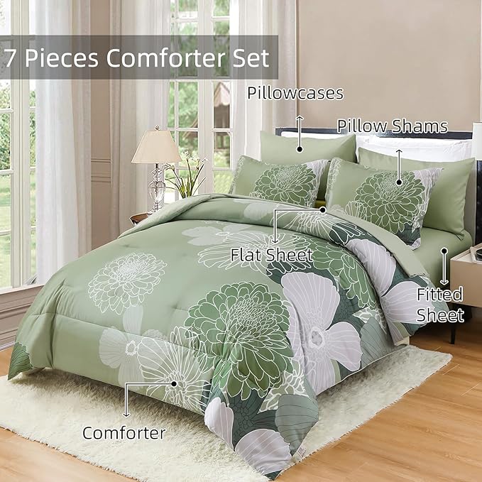 Yiran Bed in a Bag Green Comforter 7 Pieces Floral Bedding Set Soft Microfiber King Comforter Sets with 1 Comforter 1 Flat Sheet 1 Fitted Sheet 2 Pillowshams and 2 Pillowcases