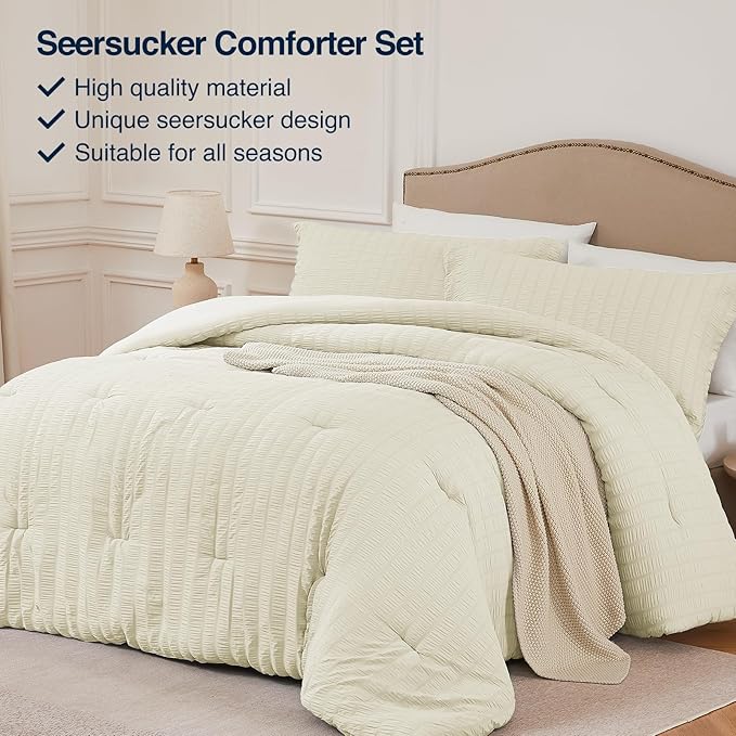 Cream Twin/Twin XL Comforter Set - 2 Pieces Seersucker Lightweight Bedding Comforter Sets (1 Soft Fluffy Comforter & 1 Pillowcase) - All Seasons Cozy Modern Bed Sets for Women Men