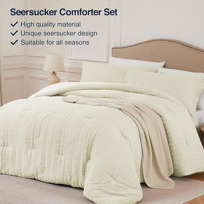 Cream Twin/Twin XL Comforter Set - 2 Pieces Seersucker Lightweight Bedding Comforter Sets (1 Soft Fluffy Comforter & 1 Pillowcase) - All Seasons Cozy Modern Bed Sets for Women Men