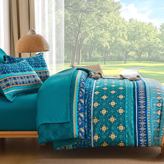 Boho Comforter Set Queen Size,7 Pieces Comforter Bedding Set Bed in a Bag Bohemian,Turquoise Blue Paisley Floral Comfortet and Sheet Set,Soft Striped Bedding Sets for All Season