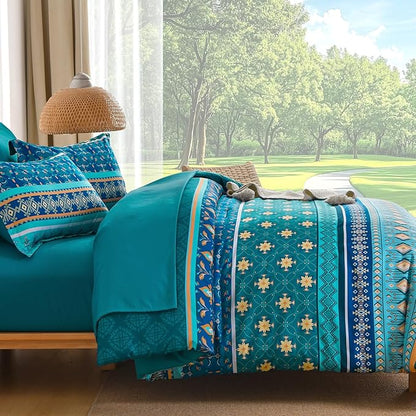 Boho Comforter Set Queen Size,7 Pieces Comforter Bedding Set Bed in a Bag Bohemian,Turquoise Blue Paisley Floral Comfortet and Sheet Set,Soft Striped Bedding Sets for All Season