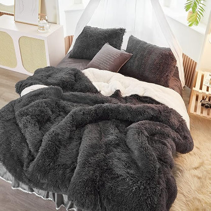 UOZZI BEDDING Black Faux Fur Comforter Set Twin 3 Pieces - 1 Black Shaggy Comforter Set 68x86 and 2 Pillowcases, Ultra Soft and Easy Care Luxury Plush Shaggy Duvet Set