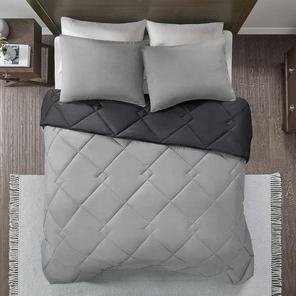 Comfort Spaces Vixie Reversible Comforter Set - Trendy Casual Geometric Quilted Cover, All Season Down Alternative Cozy Bedding, Matching Sham, Black/Gray, Full/Queen 3 piece