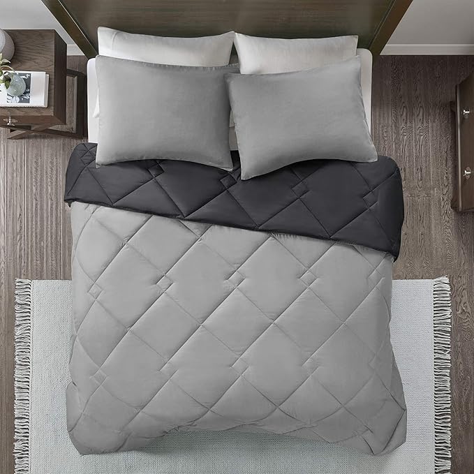 Comfort Spaces Vixie Reversible Comforter Set - Trendy Casual Geometric Quilted Cover, All Season Down Alternative Cozy Bedding, Matching Sham, Black/Gray, King 3 piece