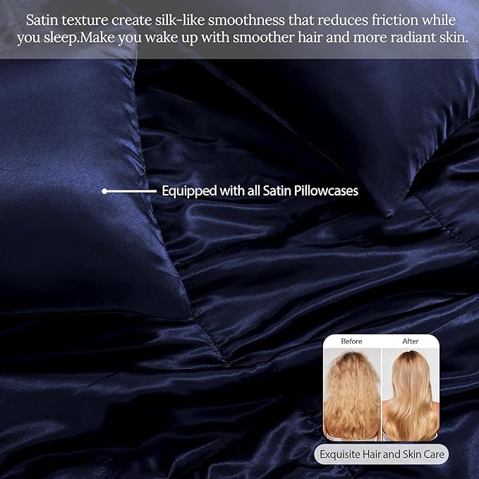 Whale Flotilla 2-Piece Reversible Silky Soft Twin Size Comforter Bedding Set, Luxurious Satin Comforters with Satin Pillowcase, Lightweight Duvet for All Seasons, Navy
