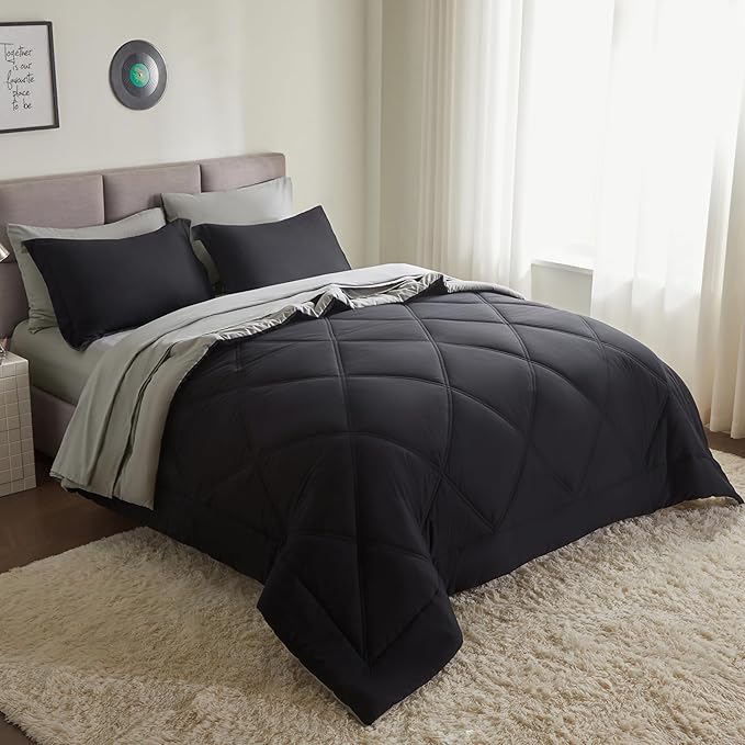 Joiedomi Full Size Comforter Set with Sheets Black, 7 Pieces Full Size Bed Set with 1 Down Alternative Comforter, 1 Flat Sheet, 1 Fitted Sheet, 2 Pillowcases and 2 Pillow Shams, Bed in a Bag