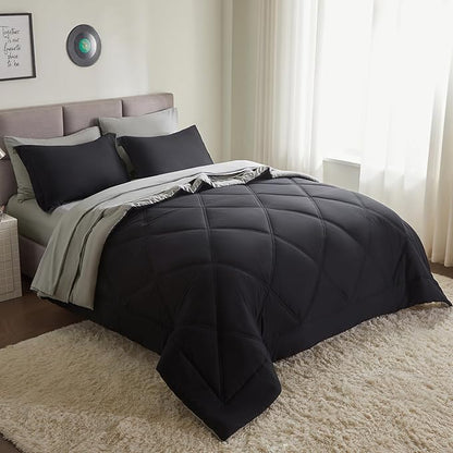 Joiedomi California King Comforter Set with Sheets Black, 7 Pieces Bedding Set with 1 Down Alternative Comforter, 1 Flat Sheet, 1 Fitted Sheet, 2 Pillowcases and 2 Pillow Shams, Bed in a Bag
