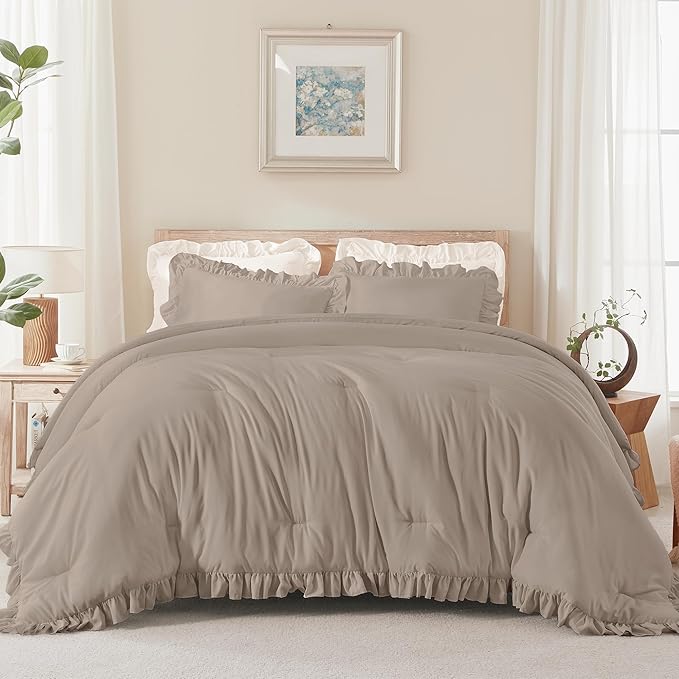 Andency Light Brown Ruffle Comforter Cal King(104x96Inch), 3 Pieces(1 Ruffled Comforter and 2 Pillowcases) Solid Farmhouse Shabby Chic Bed, Vintage Rustic Soft Microfiber Bedding Set