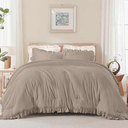 Andency Light Brown Ruffle Comforter Cal King(104x96Inch), 3 Pieces(1 Ruffled Comforter and 2 Pillowcases) Solid Farmhouse Shabby Chic Bed, Vintage Rustic Soft Microfiber Bedding Set