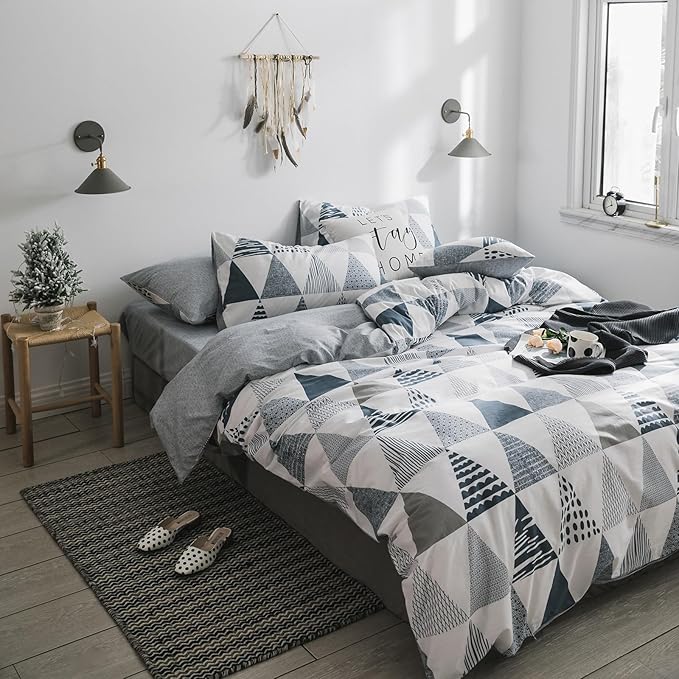 mixinni Full Comforter Sets Men Modern Style Gray Blue Triangle Bedding for Boys Teen Gilrs Geometric Comforter Bed Fluffy-Full Size